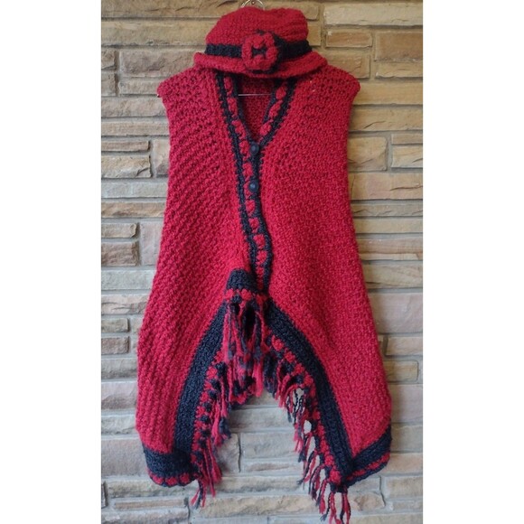 Sweaters - Vintage Handmade Red Black Crochet Wrap & Hat Set Fuzzy Acrylic Fringe